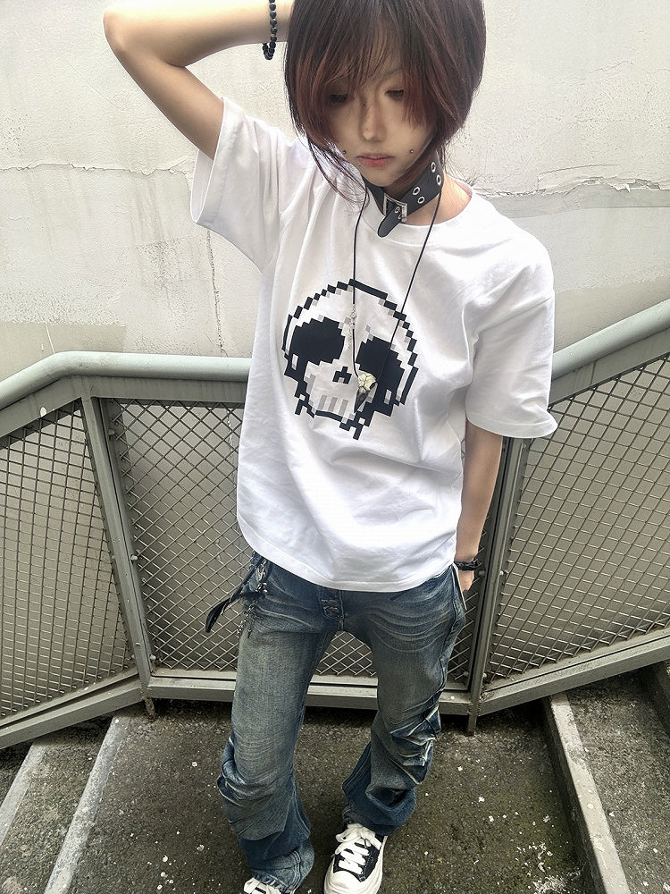 Pixel Rundhals T-Shirt Skelett Print Baumwolle Schwarz/Weiß