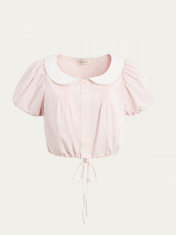Collar with Shirt and Sleeves Puff Pink Style Kawaii Short Peter Pan Sleeve