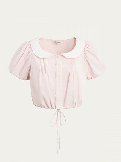 Collar with Shirt and Sleeves Puff Pink Style Kawaii Short Peter Pan Sleeve