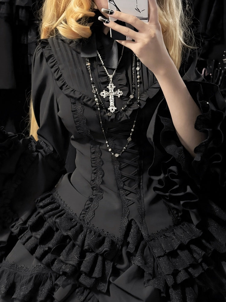 Black Lolita Shirt Sleeves Layered Gorgeous Bell All Long Gothic Kuro