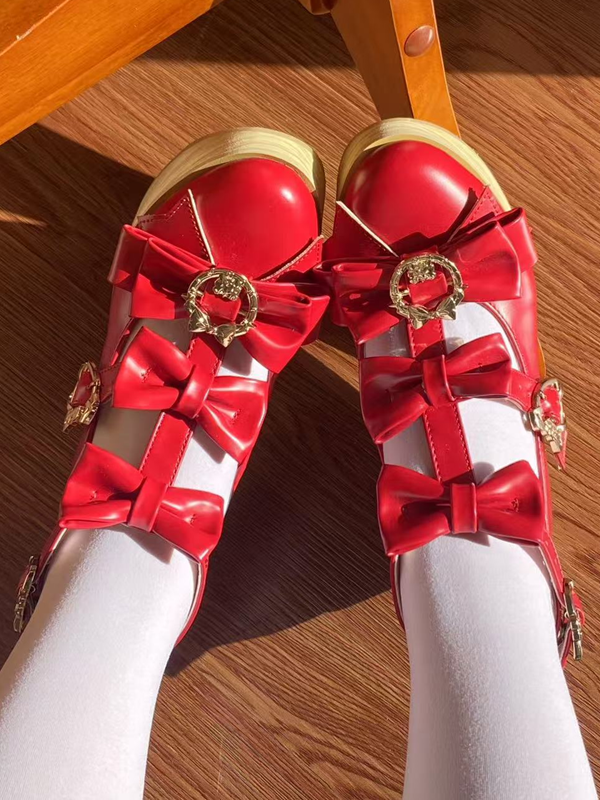 Closure Snap Hime Lolita Pointed Toe Red Platforms Heart-shaped Wine with