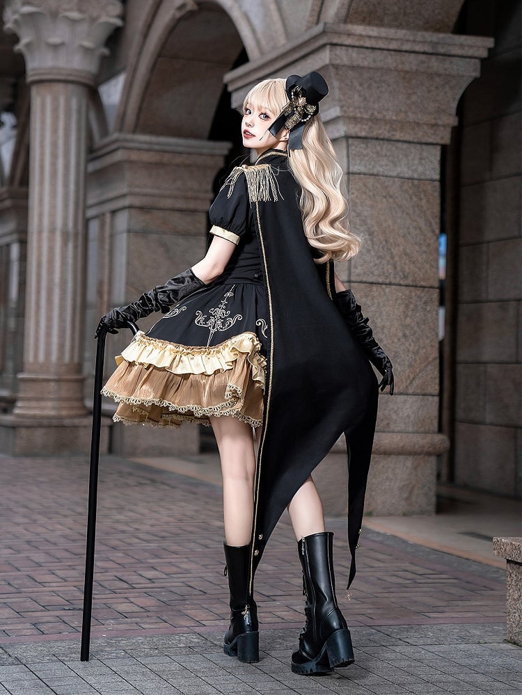 Cape Stand Dress Set Golden Lace Trim Lolita Collar Black Fringe + Gold