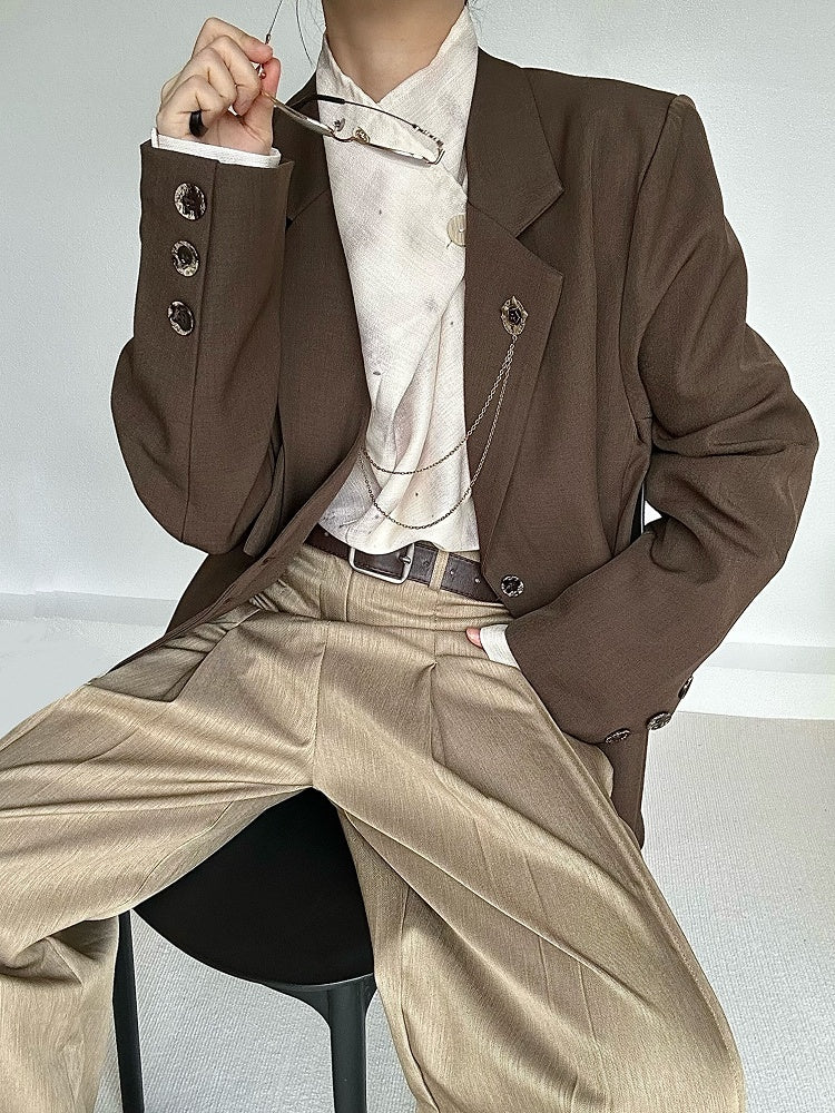 Notched Ouji Cuffs Unisex Collar Lolita Vintage Blazer with Button Coffee
