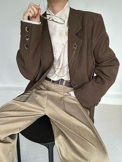 Notched Ouji Cuffs Unisex Collar Lolita Vintage Blazer with Button Coffee