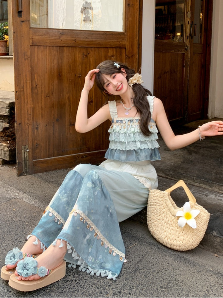 Blue Colorblock Design Tassel Hem Shell Charm Wide-Leg Holiday Pants