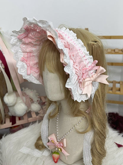 with Ribbon Pink Sweet Bonnet Lolita Striped Lace Bows