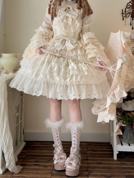 White Dress Hanayome Lolita Jumper Bows Skirt Decorated Lace Apricot Trims