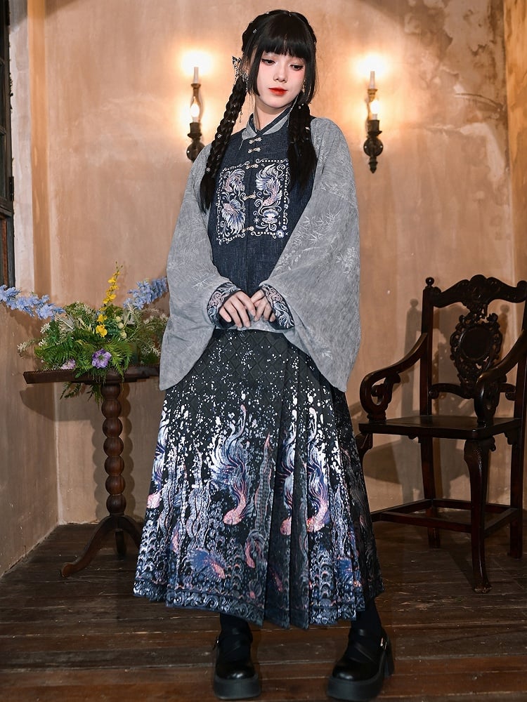 Gray - Blouse Style on Pipa Chinese Mandarin Sleeve with Cuffs Embroidery Collar Goldfish