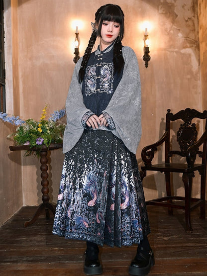 Gray - Blouse Style on Pipa Chinese Mandarin Sleeve with Cuffs Embroidery Collar Goldfish