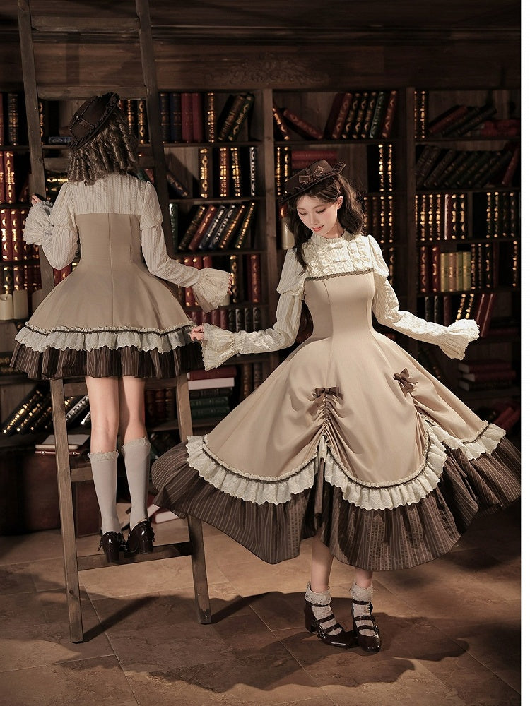 Brown Striped Faux Two-Piece Lolita Dress Outfit with Cape, Jabot & Mini Hat - With PUJI