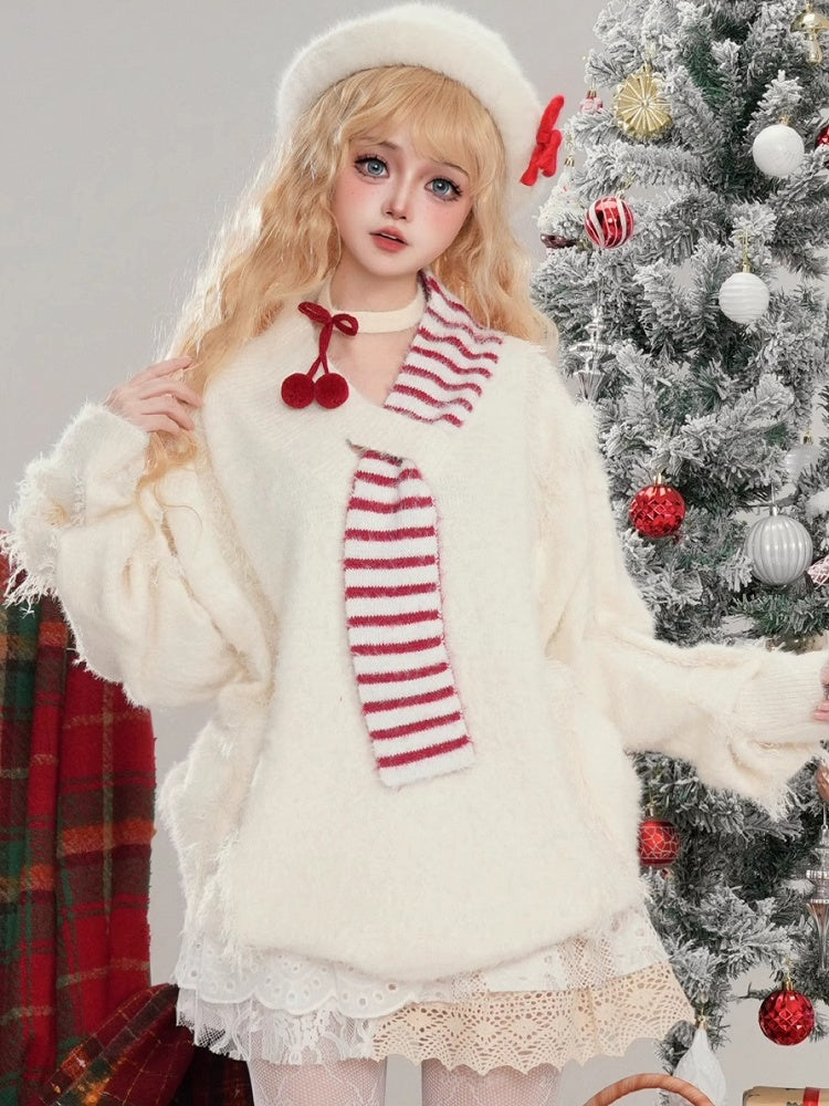 Christmas Red/White Asymmetrical Scarf Distress Trim V-neck Loose Sweater