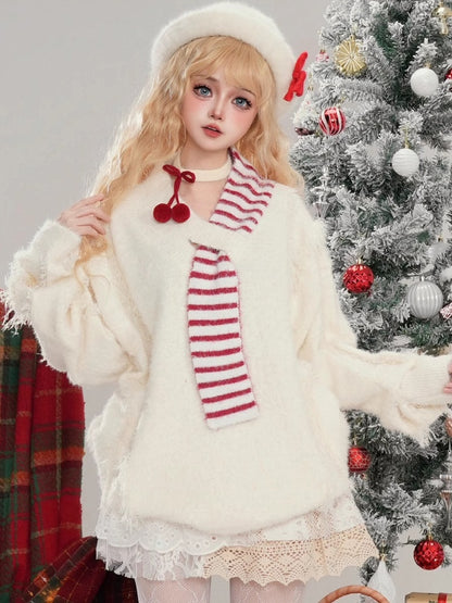 Christmas Red/White Asymmetrical Scarf Distress Trim V-neck Loose Sweater