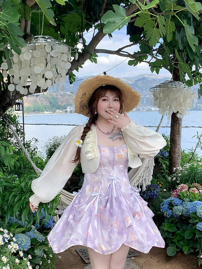 Details Chiffon-Camisole-Kleid mit Blumenmuster, drei Möglichkeiten, Übergröße, lila Schleifen