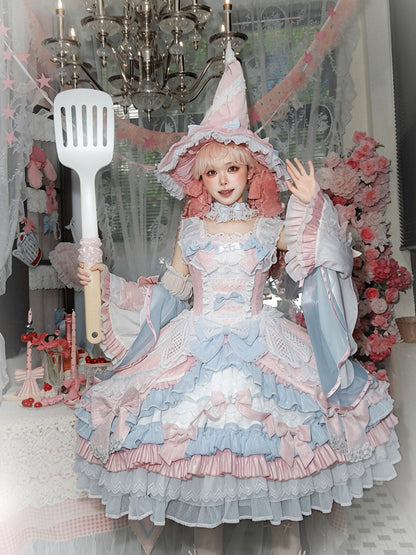 Witch-Themed Lolita JSK Full Ensemble in Pink and Blue with Bow Train, Cape, Detachable Sleeves, Hat and Outer Sleeves - Felinae Cookie