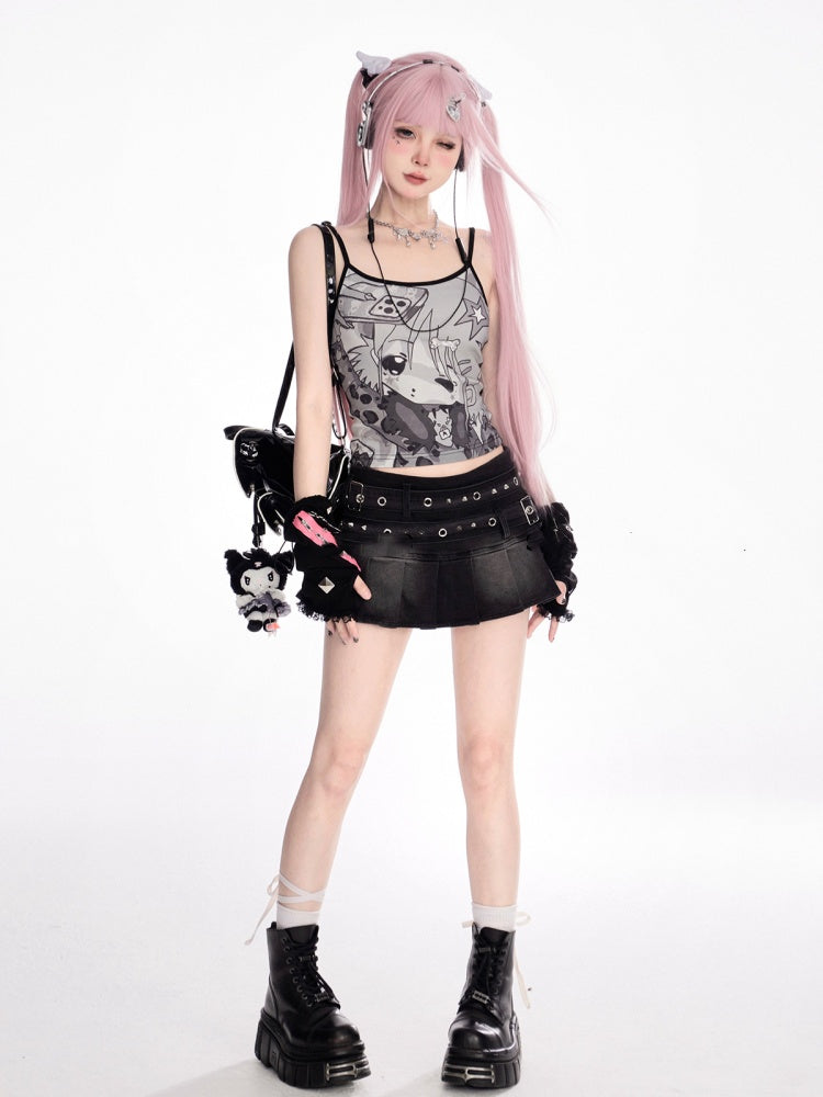 Schwarzes Cami-Top mit Rundhalsausschnitt und Cartoon-Print im Y2K-Stil