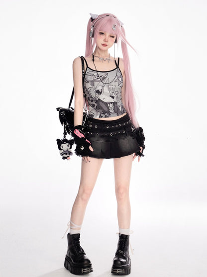 Schwarzes Cami-Top mit Rundhalsausschnitt und Cartoon-Print im Y2K-Stil