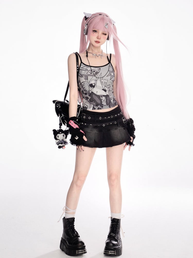 ストラップミニプリーツデニムスカートウエストスタッズバックルブラックロー