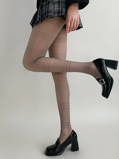 / Collants Blanc Noir Transparents Ton sur Ton à Carreaux