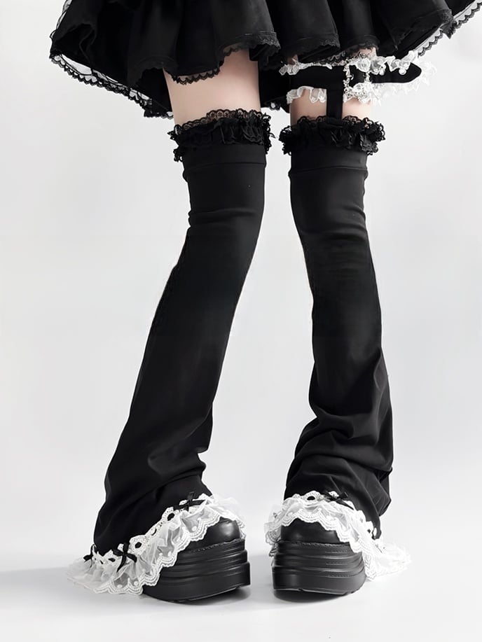 Flared Loop White in Black/Black Buckle Leg Lace Trim Adjustable Kei Jirai Warmers with