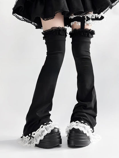 Flared Loop White in Black/Black Buckle Leg Lace Trim Adjustable Kei Jirai Warmers with
