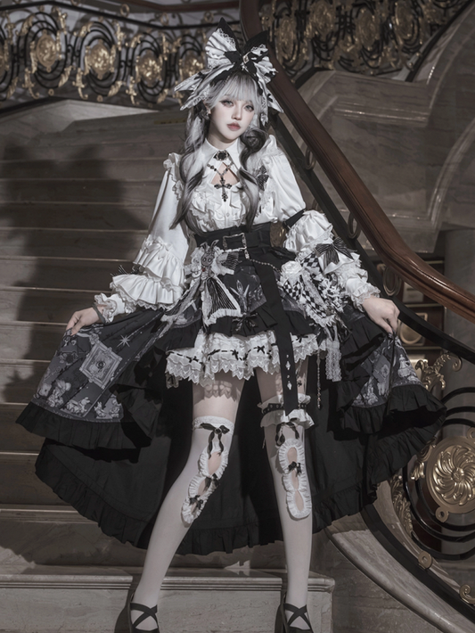 with Trims Skirt Black Elastic Ruffle Small Bows Waist White