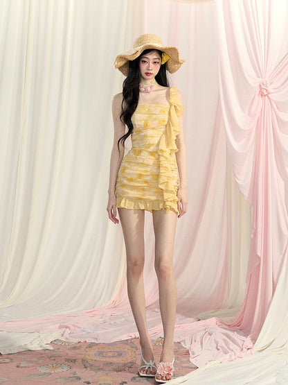 Yellow Sequins Mini Cascading Bodycon Ruffle Trim Ruched Design Glamorous Dress