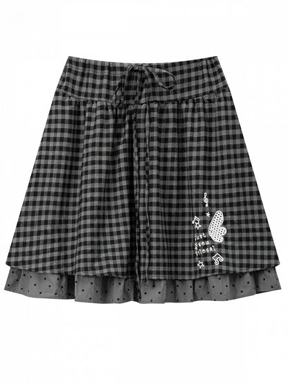 Black Gingham Polka Dot Layered Skirt with Embroidery - Languid Park