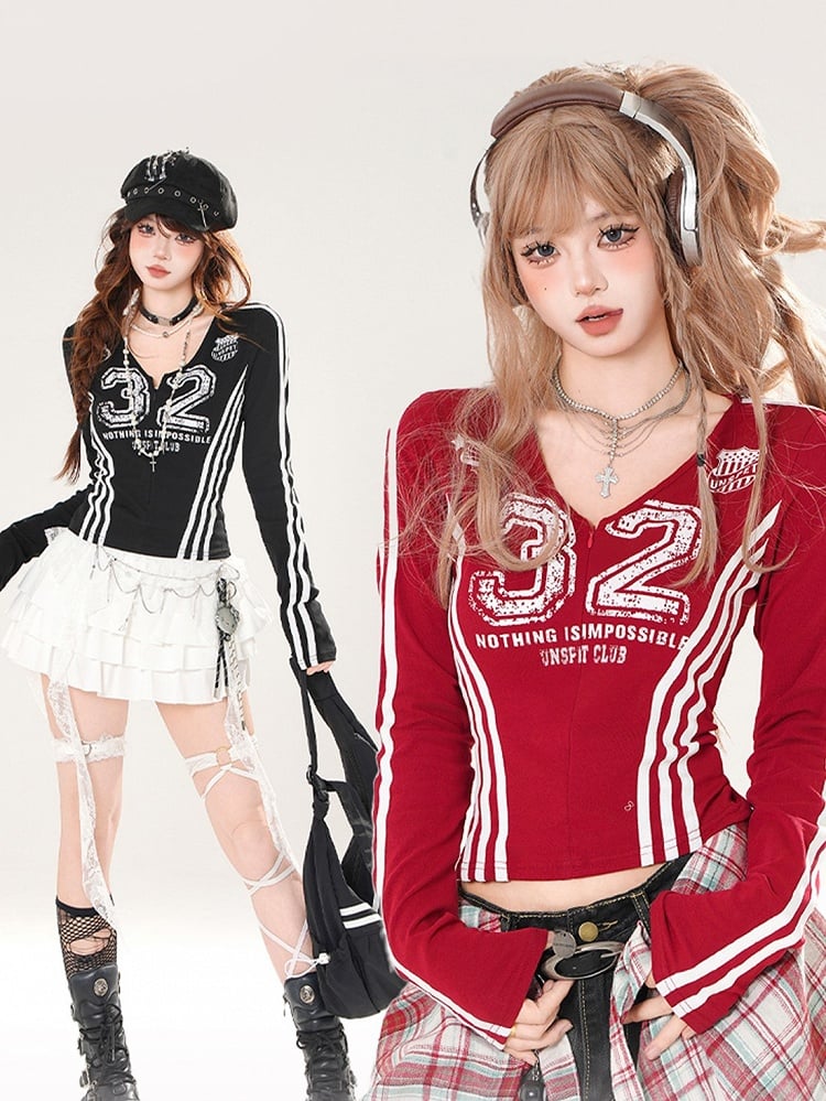 Long Zip-Up Graphic Sleeve Black/Red Print with Top