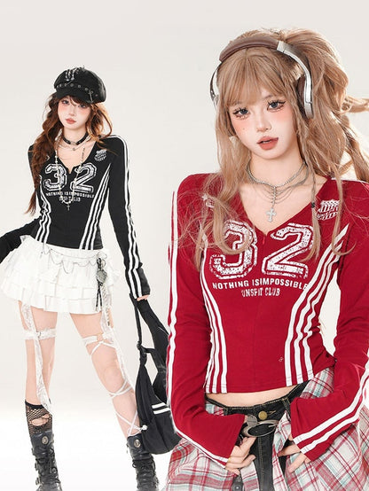 Long Zip-Up Graphic Sleeve Black/Red Print with Top