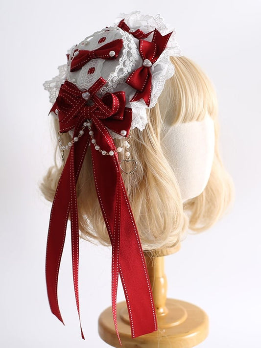 Bowknot Decorations Hat With Mini Heart-Shaped Red White Bead Charming Charms and Lace Lolita And