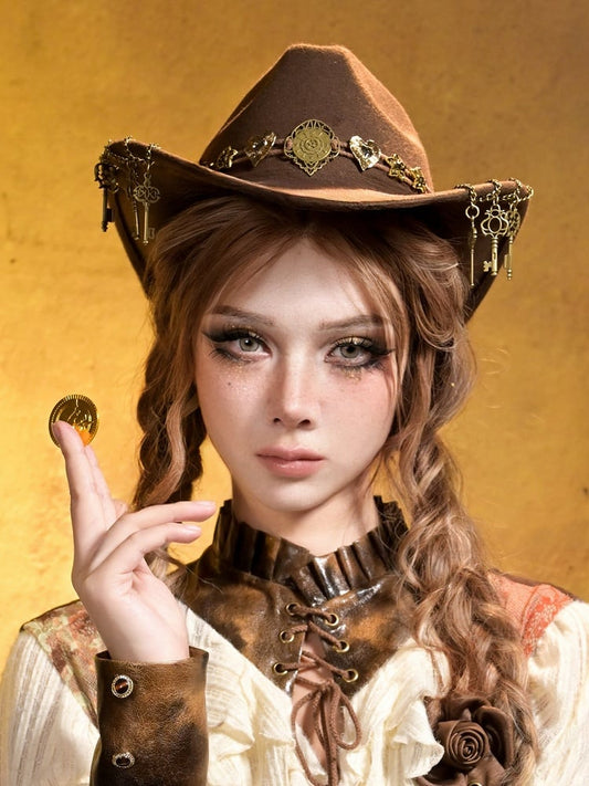 with Brown Decorative Accents Cowboy Steampunk Vintage Hat Key Star Chains