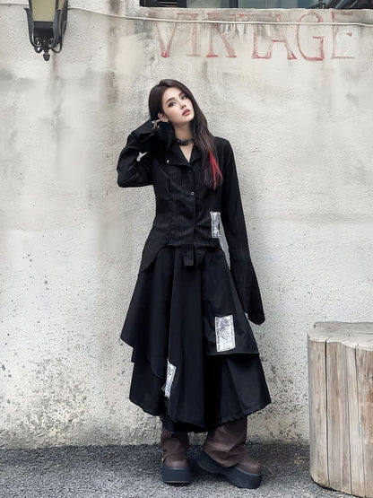 Black Notched Collar Bell Sleeves Punk Asymmetrical Shirt Appliques