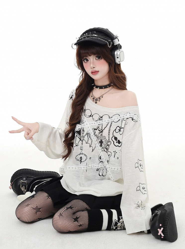 アシンメトリーネックラインのレース、ブラック/ホワイト、日焼け防止、グラマラスなアップリケ、グラフィックトップ