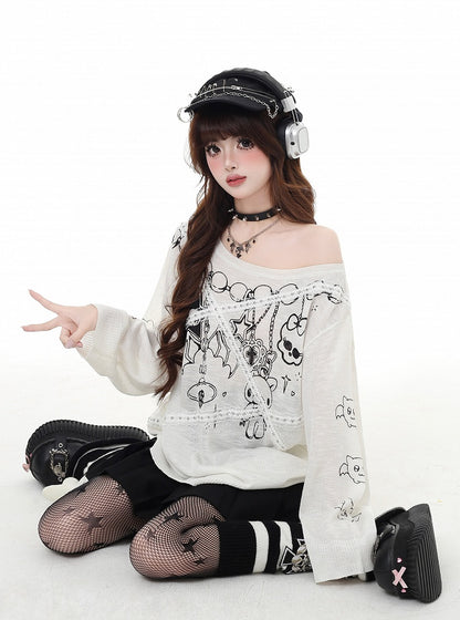 アシンメトリーネックラインのレース、ブラック/ホワイト、日焼け防止、グラマラスなアップリケ、グラフィックトップ