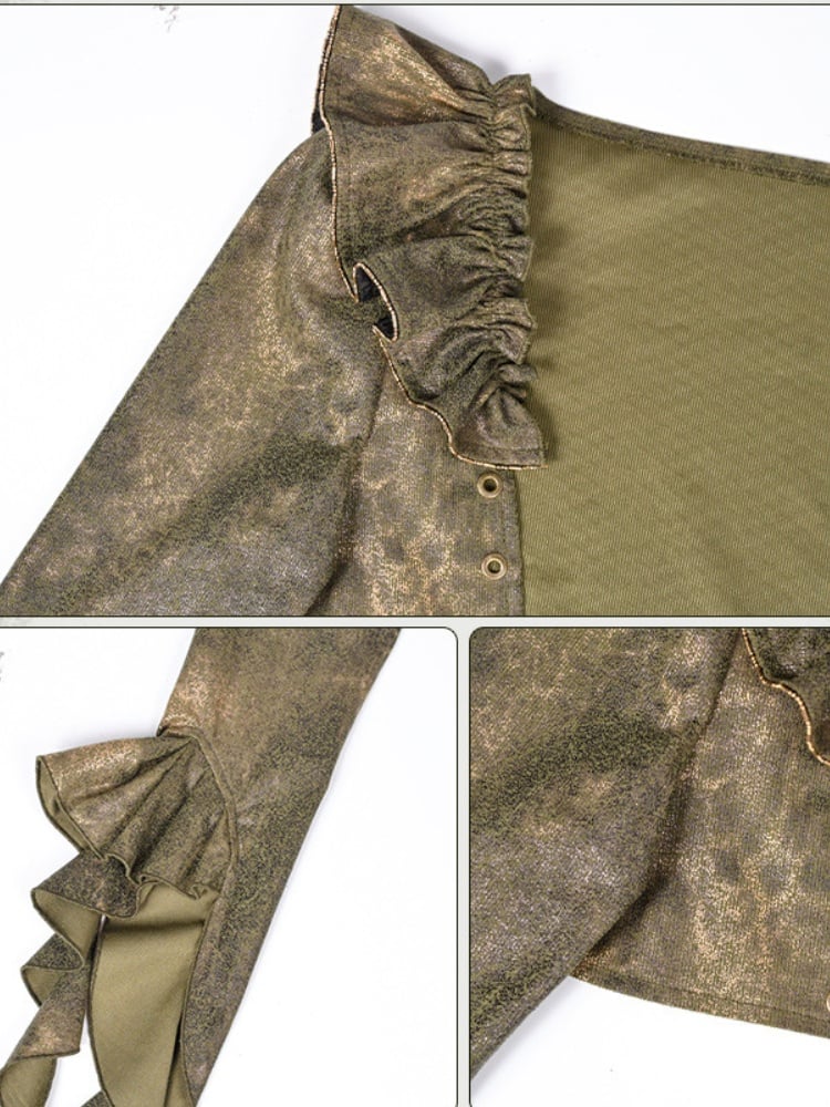 Green Asymmetrical Ruffled Cuff Shrug with Flutter Sleeve Detail