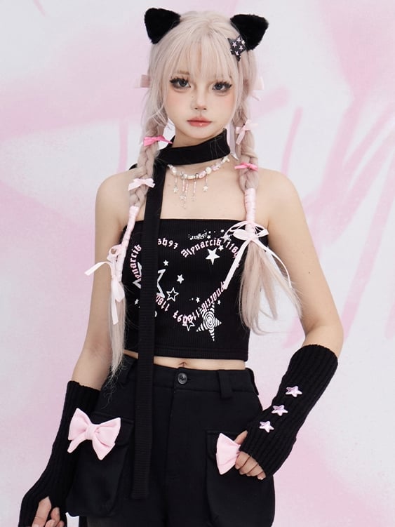 Black/White Stars Print Strapless Top with Free Scarf