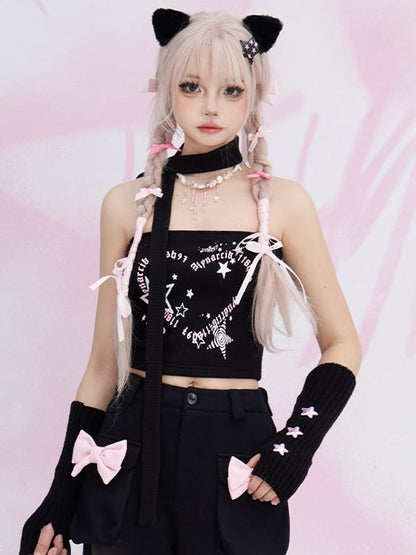 Black/White Stars Print Strapless Top with Free Scarf