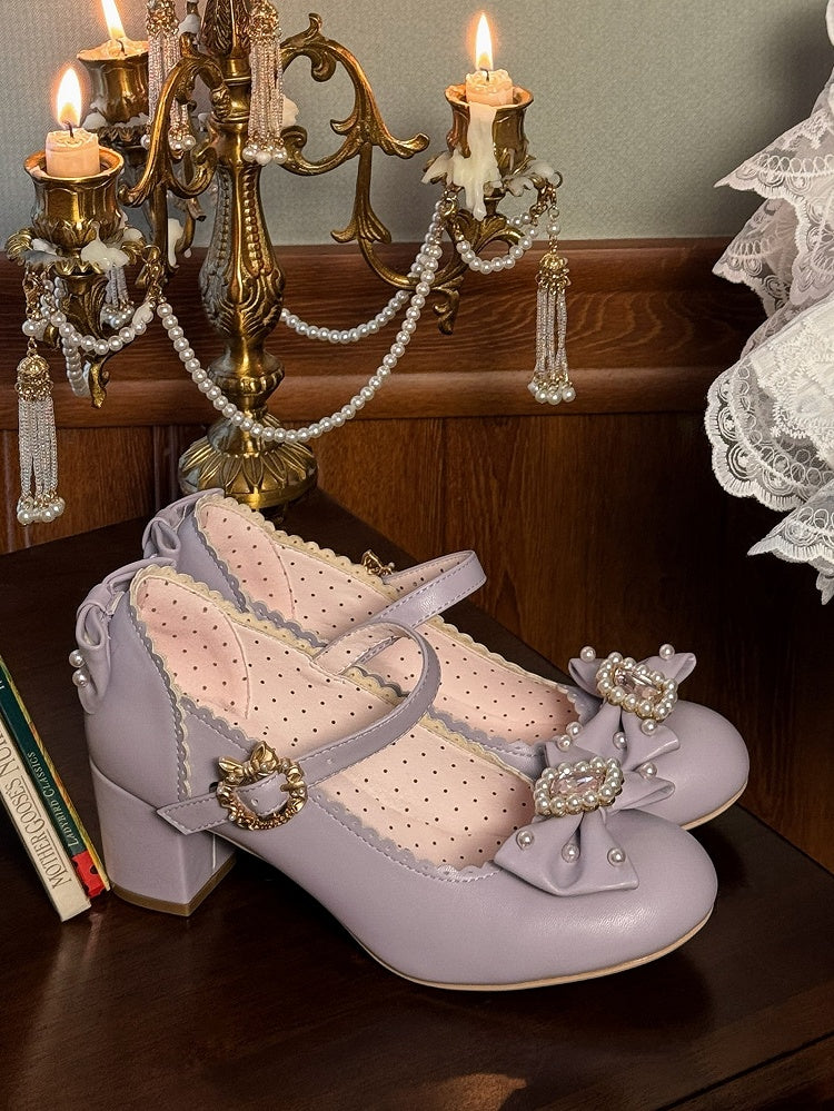 ジェーンズ ボウノット ロリータ ディテール ビーズ装飾 メアリー ラインストーン トゥ ラウンド シューズ パープル