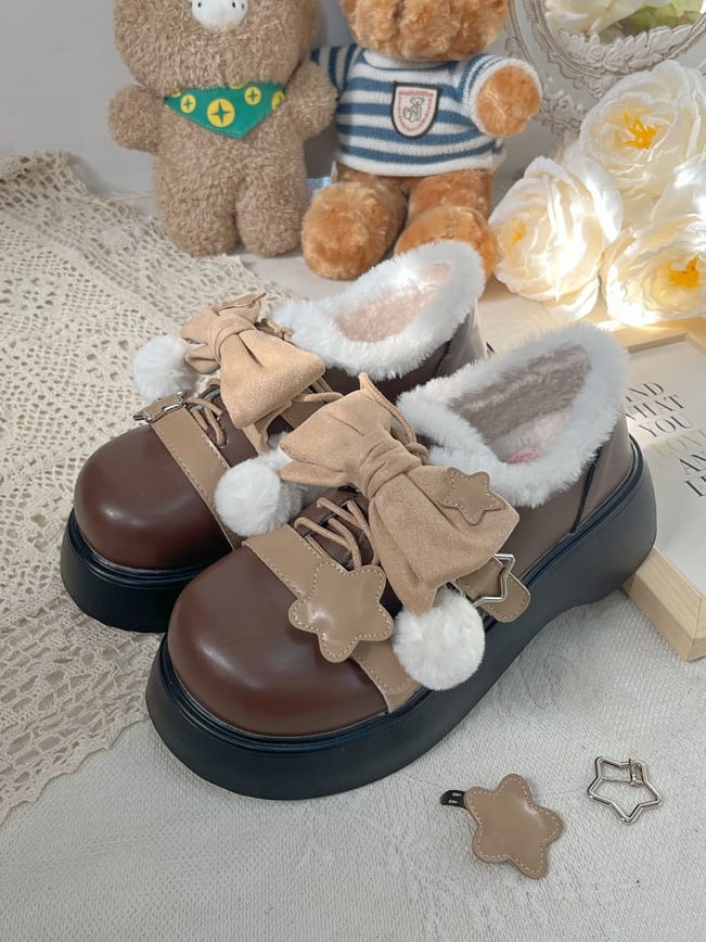 PU Schuhe Braun Abnehmbare Winter Star Lolita Akzent Süße Schleife Plattform Details Leder