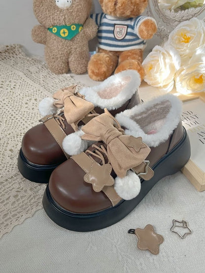 PU Schuhe Braun Abnehmbare Winter Star Lolita Akzent Süße Schleife Plattform Details Leder