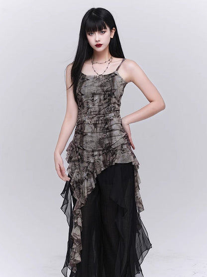 Asymmetrical Top with Ruched Brown Cami Hem Glamorous Flounce Waist