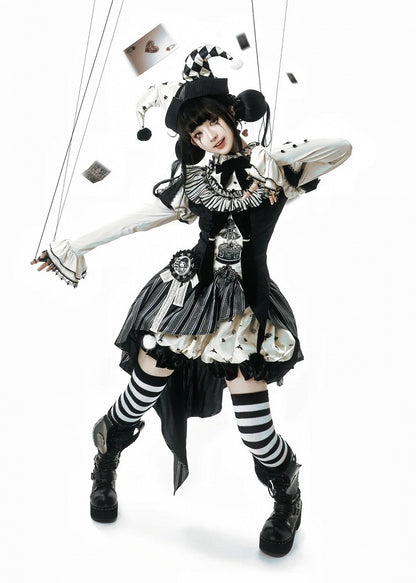 Sweet Accessories Top Skirt Clown Vibes White Sleeves Hi-lo and + Set- Black Puff Circus Full Lolita