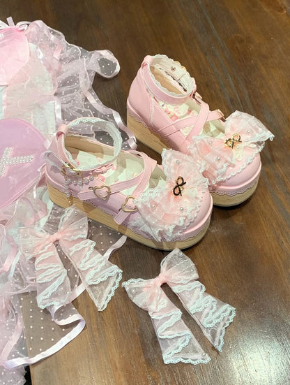 Sakura Pink Removable Bow Train and Bead Chain Hanayome Lolita Platform Shoes