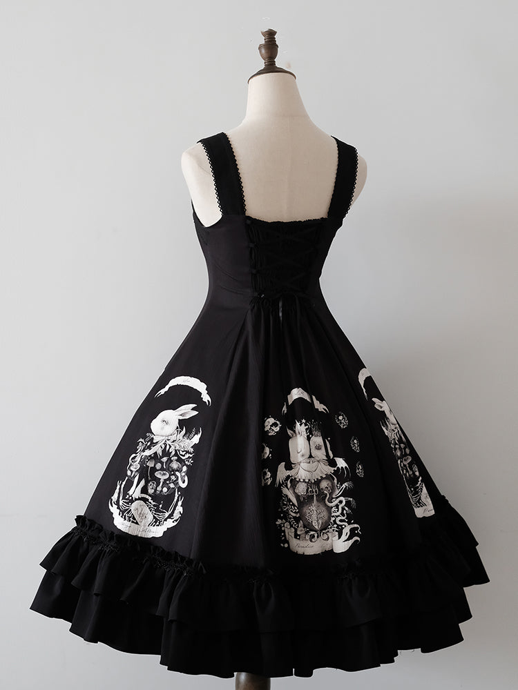 Dunkles Taillenkleid Gothic Bunny Fit Slim Lolita Schwarzer Druck