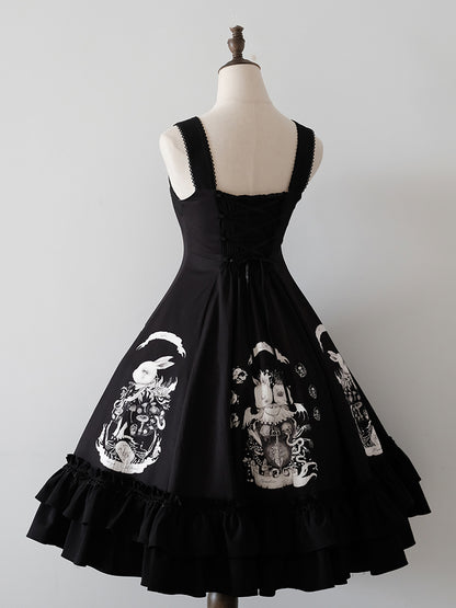 Dunkles Taillenkleid Gothic Bunny Fit Slim Lolita Schwarzer Druck