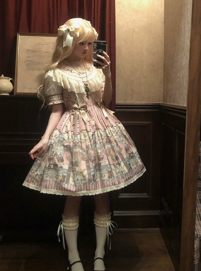 Lolita Pink with Accents Dress Printed Lace-Trimmed Bear Sweet Bow
