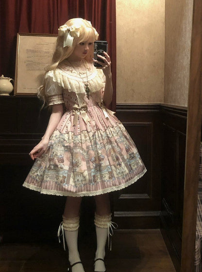 Lolita Pink with Accents Dress Printed Lace-Trimmed Bear Sweet Bow