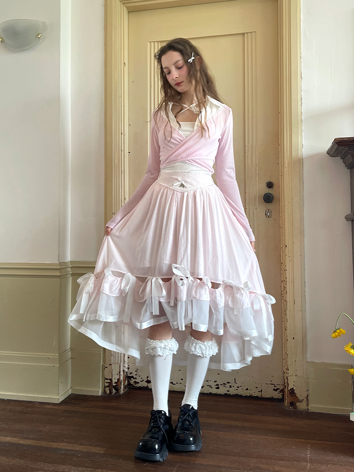 Pink Tea Length High-low Skirt with Bow Accents