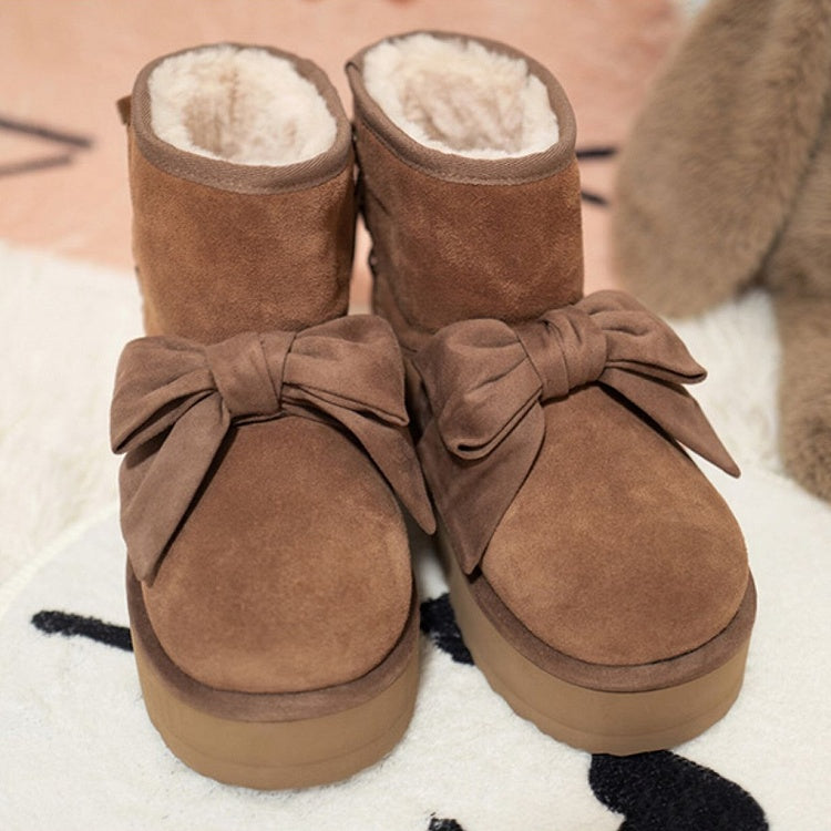 Brown Sweet Lolita Platform Snow Boots - Front Bow Accent with Rear Lace-Up Detail