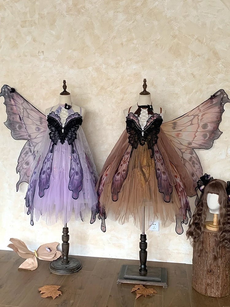 Black & Orange Butterfly Applique Gothic Lolita Dress with Butterfly Wing Hem Design
